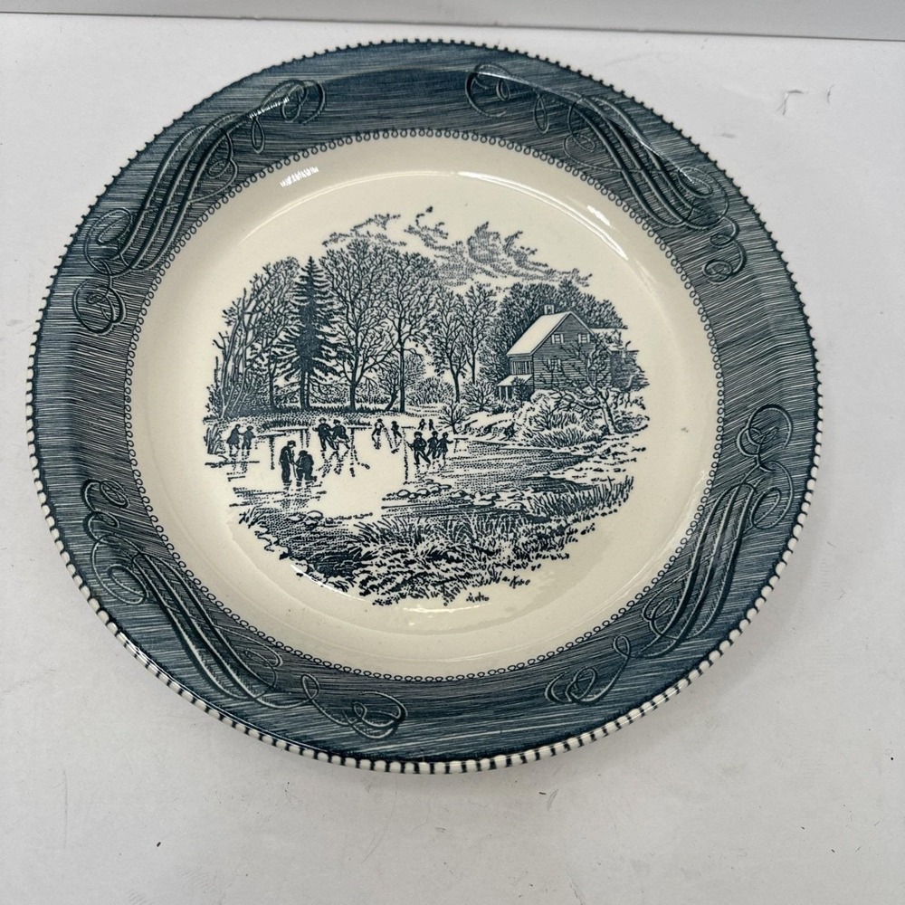 Currier Ives Blue‎ White 10" Pie Plate Old Grist Mill Cottagecore Decor